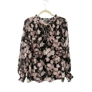 Ruff Hewn Sheer Black with Pink Floral Blouse Tie V Neck Size L